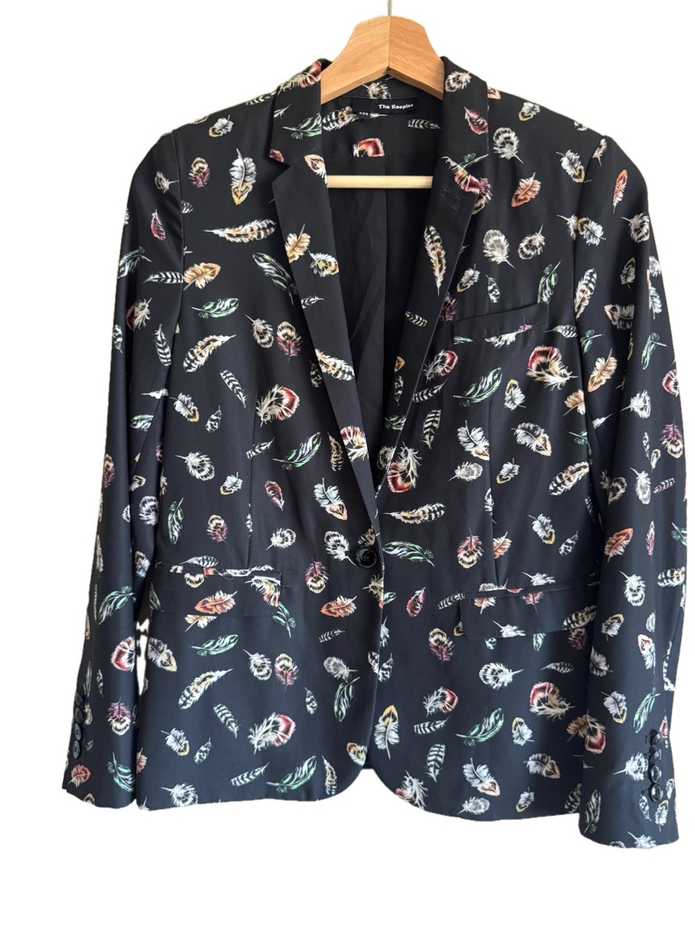 The Kooples Lightweight Black Blazer with Multicolor Feather Print